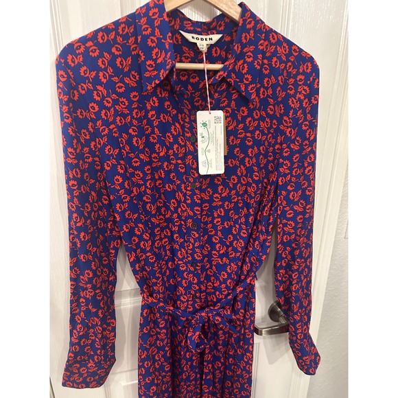 Boden Shirt Dress Blue Red Floral Long Sleeve Lenzing Ecovero Midi D0733 US 10R